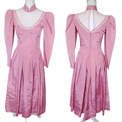 80s Size 4 Pink Princess Dress Longsleeve Midi Taffeta Prom Formal Puff Sleeve - Image 1 of 4