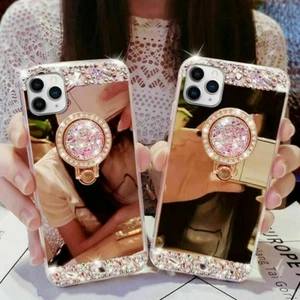 Crystal Diamond Case For iPhone 15 13 12 11 XR X 7 8 SE Mirror Cover Ring Holder - Picture 1 of 12