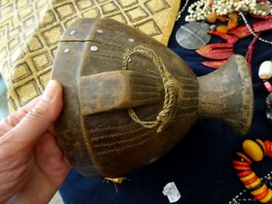 Antique Tribal Art Africa Primitive Pedestal Wood Bowl old metal repair - Picture 1 of 7