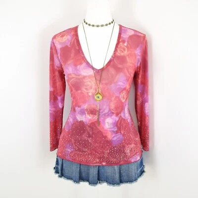 Top De Colección Años 00 Y2K Express Rosa Estampado Floral Malla Manga Larga Cuello en V Brillo Talla S Foto 1 de 4