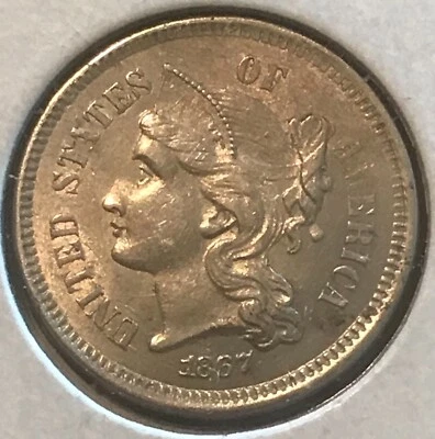 1867. three cent nickel , AU/ UNC , Scarce  - Image 1 of 2