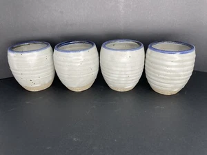 Set Of 4 Studio Pottery Sake Tea Coffee Cups Mugs Speckled Stoneware Blue Rim - Picture 1 of 11