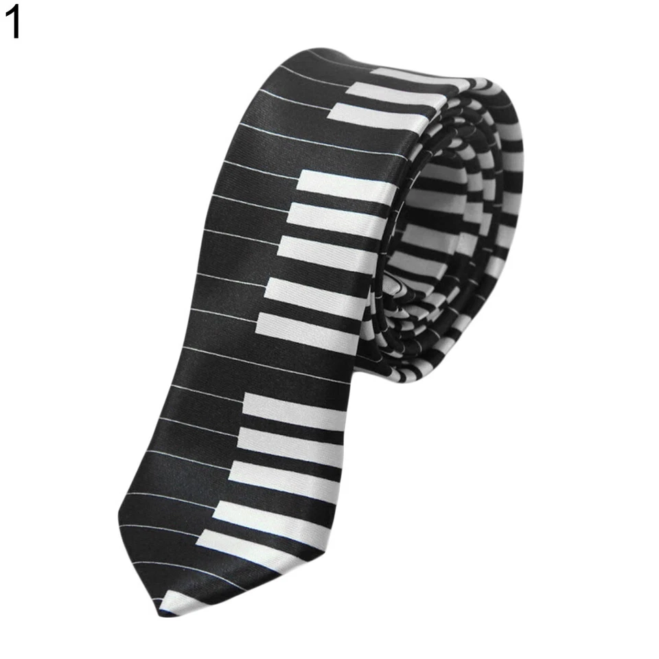 Unisex Novelty Fancy Dress Black with White Piano Key Skinny Tie - Brand New - Image 1 of 1