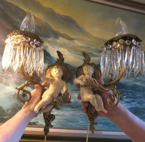 Pair Shabby Cherub Spelter Brass sconce French crystal lamp Vintage Antique old Cover