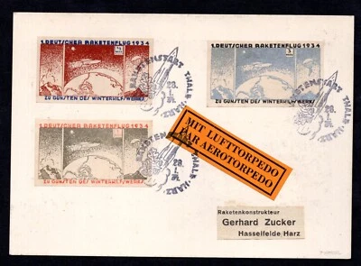 GERMANY 1934 ROCKET MAIL IMPERF SET TIED BY ROCKET CANCELS ON PHOTOCARD - Image 1 of 2