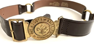 Vintage BOY SCOUT Jointed Leather Belt Interlock Brass Buckle BSA Emblem Size 26 - Picture 1 of 14