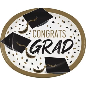 Golden Grad 12-inch Oval Plates Paper 8 Per Pack Graduation Party Tableware - Picture 1 of 1