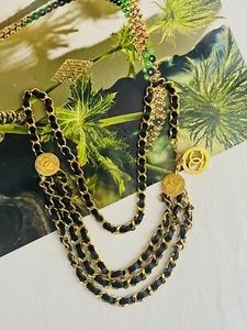 Chanel Vintage 1984 Medallion CC Logo Black Leather Triple Strand Necklace Belt - Picture 1 of 16