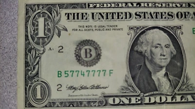 VERY Cool Fancy Serial Number 1$ Dollar Bill 6 of Lady Lucky 7's Super Unique - Image 1 of 4