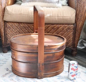 19" ANTIQUE 1800S CHINESE WOOD WOODEN BRIDAL BASKET FOOD CARRIER CADDY Vintage - Picture 1 of 16