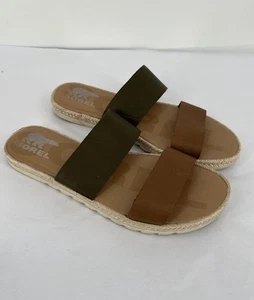 Sorel Ella II Slide Sandals Brown Green Leather Double Strap Size 8.5 - Picture 1 of 11