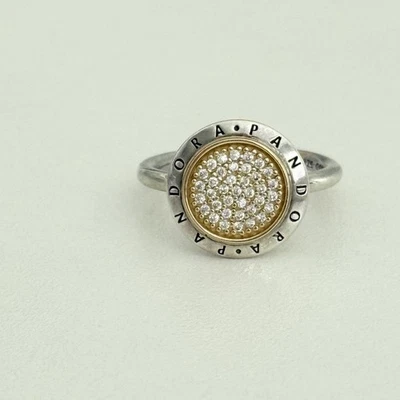 Pandora Sterling Silver & 14K Gold Signature Logo CZ Band Ring Size 6 - Image 1 of 4