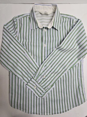 H&M Green, Blue, And White Striped Boys Long Sleeved Collard Dress Shirt Size 8 - Image 1 of 3