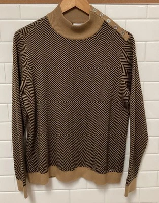 女式 Calvin Klein 模拟领毛衣棕褐色黑色人字形 L 码纽扣肩 — 第 1/4 张图片