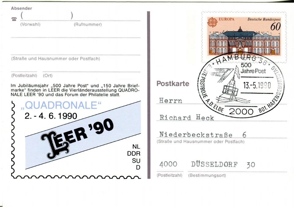 1990 Germany. Hamburg 36 pm 60pf Europa Quadronale, Leer 90 stationary postcard - Image 1 of 1