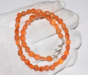 Natural Naranja Cornalina 22" Cuerda Liso Ovalado Cuentas Collar de Plata de Ley - Imagen 1 de 12