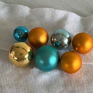 Lot 7 Vintage Shiny Brite Mercury Glass Round Ball Christmas Ornaments Blue Gold - Picture 1 of 9