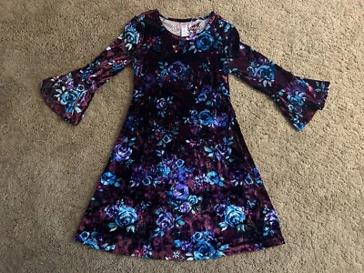 Justice Velvet Floral Dress Bell Sleeves Back Ties Blue Purple Roses Girls 8 - Image 1 of 4