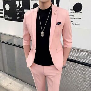 Jackt+Pant)Men Suits Half Sleeve Short Sleeve Blazer Coat Trend Male 2 Pcs Set