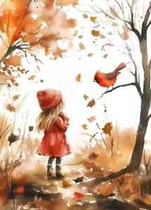 PRINT ACEO Art Card Cute Little Girl Cardinal Bird Autumn Limited Edition - Picture 1 of 1
