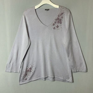 Ann Taylor Top Womens Extra Large Purple Long Sleeve Blouse Floral Beaded V Neck - Picture 1 of 15