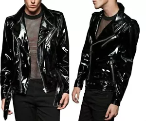 Men's Biker Gothic Moto Black PVC Vinyl Jacket Stylish Motorcycle Fashion Jacket - Picture 1 of 6