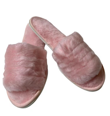 Vintage Pink Faux Fur Slip on Peep Toe Bedroom House Slipper Size M 6.5-7.5 NOS - Image 1 of 4