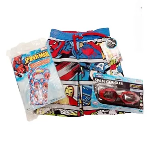 Marvel Comics Boys Swim Shorts w/Floatie & Swim Goggles-4-Spiderman - Picture 1 of 8