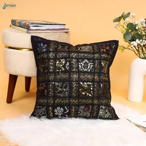 Schwarz Khambadiya Patchwork Kissenbezug Kissen Überwurf Vintage indisches Sofa Dekor - Bild 1 von 5