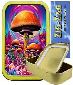 Mushroom Field 1oz gold tobacco tin with papers, Airtight, zig zag papers - Picture 1 of 4