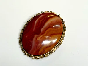 Vintage Brooch Gold Tone Metal Agate Oval Large - Picture 1 of 4