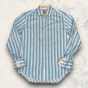 Robert Graham Blue White Striped Flip Cuff Button Up Dress Shirt Size Medium