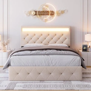 Full Size Bed Frame with Charging Station and LED Lights, Upholstered Bed Fra... - Picture 1 of 7