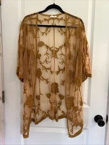 Women's Maurices Gold Tan Sheer Embroidered Open Front Shrug Cardigan Size S/M - Picture 1 of 3