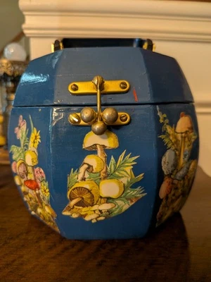 Vintage Blue Octagonal Wooden Decoupage Mushrooms Cottagecore Purse As Is - Image 1 of 4
