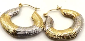 BEAUTIFUL SOLID 14k YELLOW & WHITE  GOLD FANCY HOOP  EARRING - Picture 1 of 6