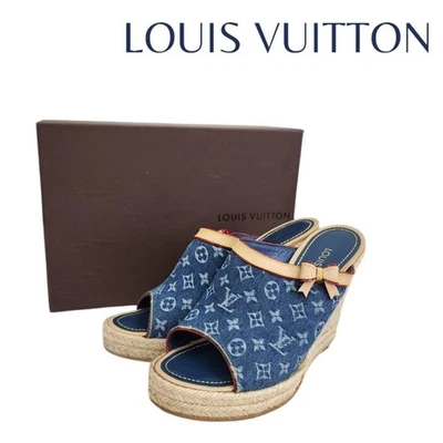 Sandalias vaqueras Louis Vuitton vintage con monograma, tacones, cuero azul, talla 37,5. Foto 1 de 4