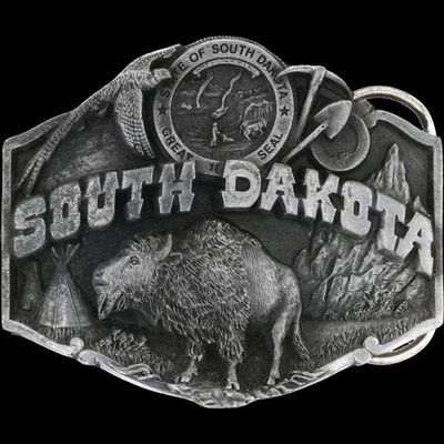South Dakota Bisonte Buffalo State Seal Teepee Badlands Black Hill De Colección Hebilla de Cinturón Foto 1 de 3