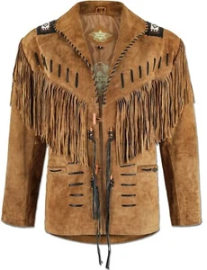 New Men Tan Brown Suede Western Hunter Style Cowboy Leather Jacket With Fringe - Picture 1 of 4