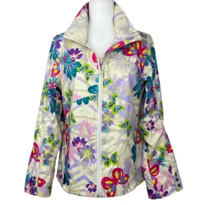 Abrigo de lluvia Obermeyer para mujer blanco impermeable mariposa floral cremallera completa pequeño/C38 Foto 1 de 4