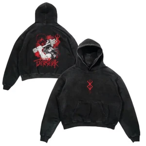 Vintage Guts Berserk Washed Cotton Hoodie Anime Men Hip Hop Pullover Sweatshirt - Picture 1 of 10