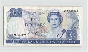 NEW ZEALAND 10 Dollars 1985-89, P-172b, S.T. Russell, NTB 944870, VF, QEII. E6 - Picture 1 of 2