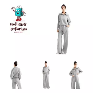 Women 2 Piece Lounge Matching Set Wide Leg Sweatpant Half Zip Sweatshirt - Picture 1 of 8
