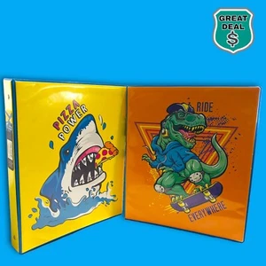 T-Rex Skateboarding Ride Everywhere & Shark Pizza Power Ring Binders. NEW! - Picture 1 of 10
