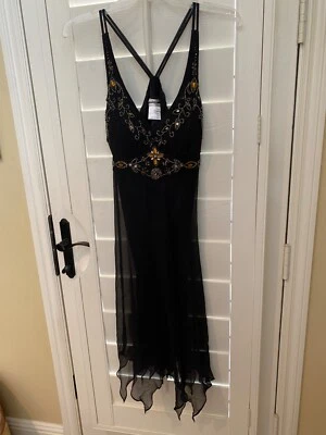 Vestido Sue Wong Vestido de Noche de Seda con Cuentas Negro Dorado Nuevo Talla 6 4 Corto Espalda Corredora L1 Foto 1 de 4