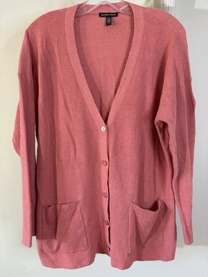 EILEEN FISHER 珊瑚亚麻混纺 V 领开衫毛衣 L L Lagenlook 极简主义  — 第 1/4 张图片