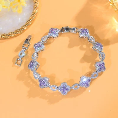 Silver Plated Flower Leaf Cubic Zirconia Wedding Tennis Bracelet for Women Bride - Image 1 of 4