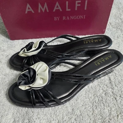 VTG Amalfi Rangoni Black Italian Leather Floral Wedge Sandals Women's 10M NEW - Image 1 of 4