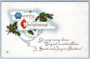 1907-10's MERRY CHRISTMAS HOLLY BERRIES EMBOSSED ANTIQUE POSTCARD - Picture 1 of 2