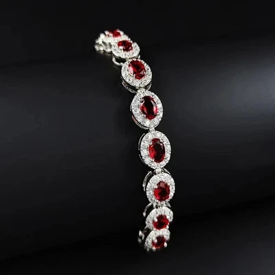 16Ct Oval Cut Lab Created Red Ruby Tennis Women's Bracelet 14K White Gold Plated - Image 1 of 4